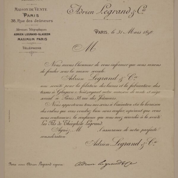 Lettre d’information concernant la création de la Société Adrien Legrand &Cie.
